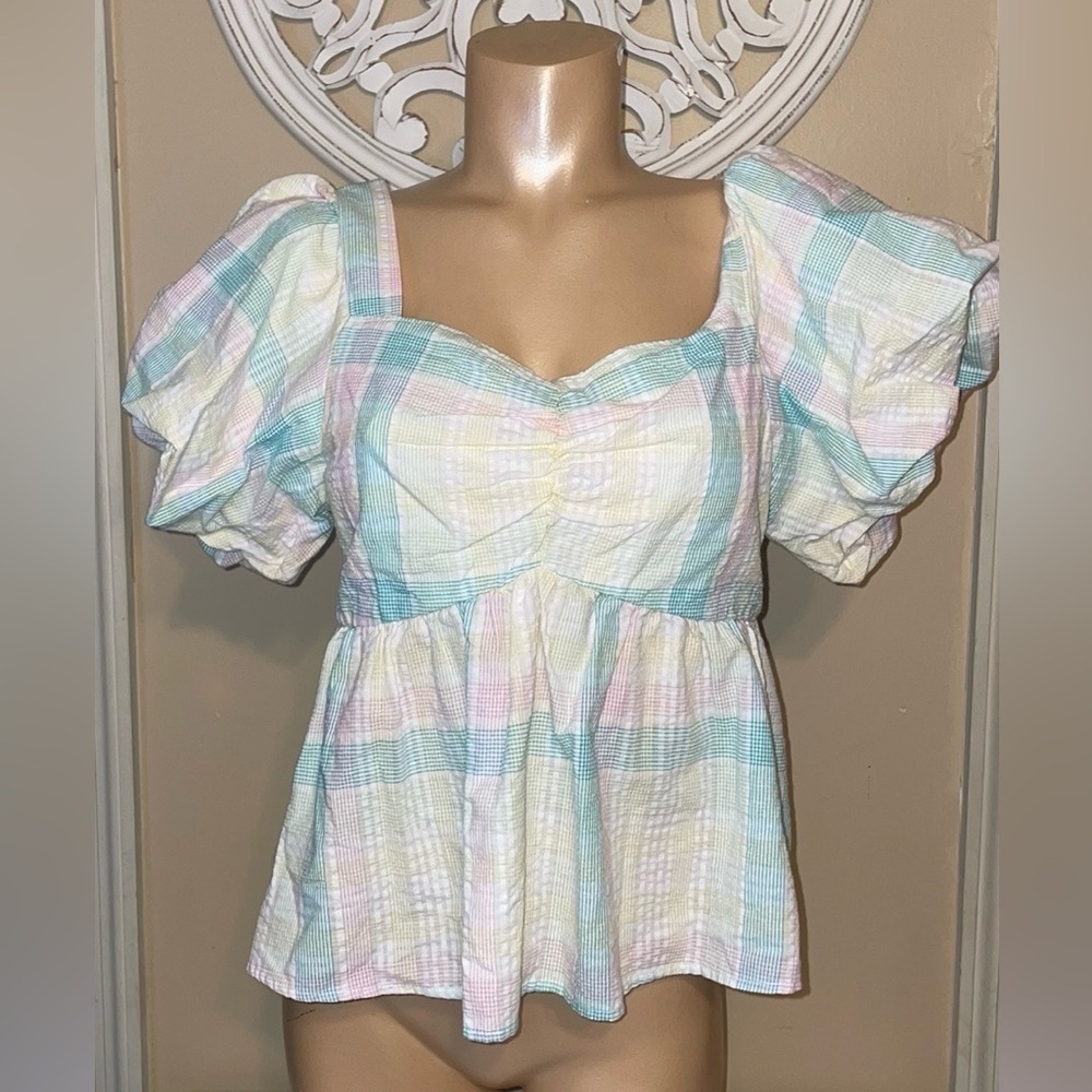 Old navy shirt blouse women’s large bubble ballon sleeve sweetheart plaid white
